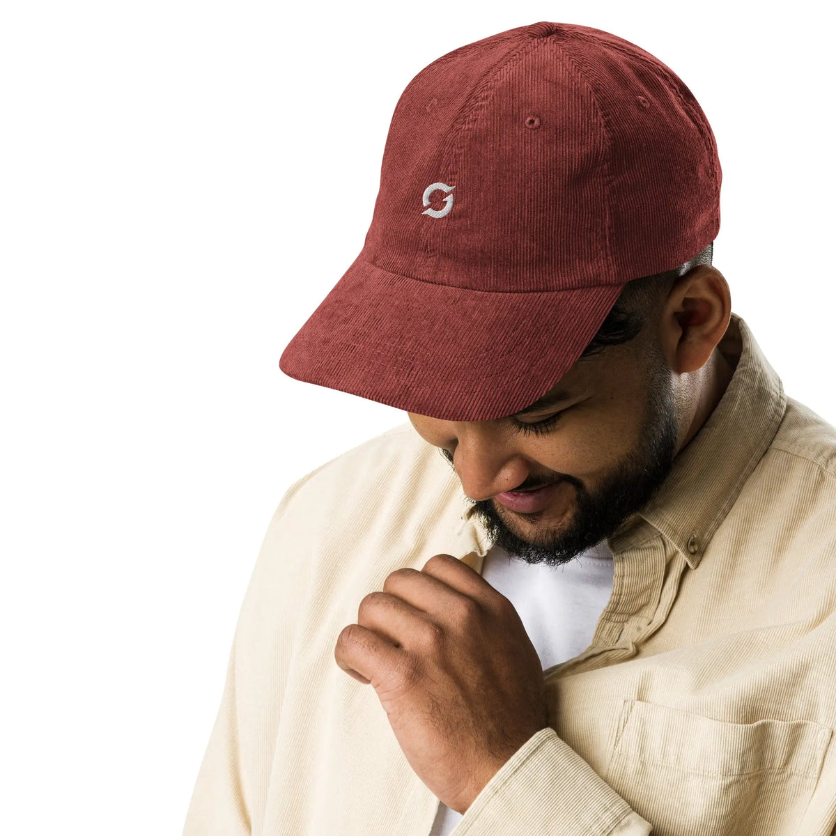 Vintage SHI Logo Cap - burgundy corduroy cap, front view