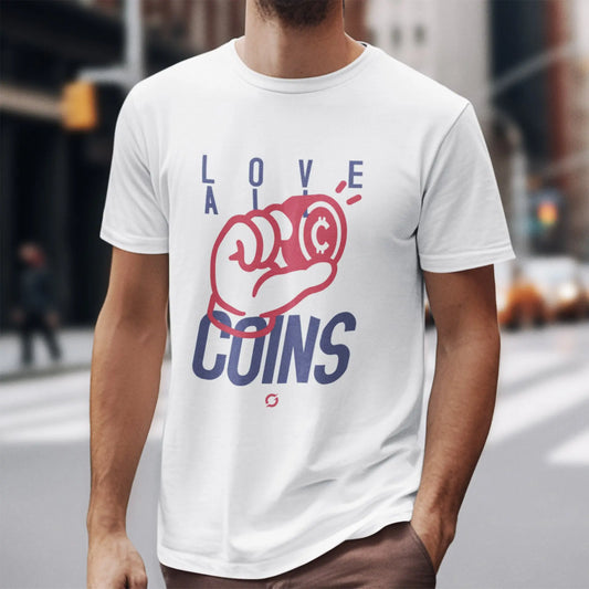 Love All Coins Shirt - White - design artwork by Coinerstore