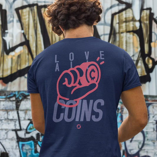 Love All Coins Shirt - Navy - design artwork by Coinerstore