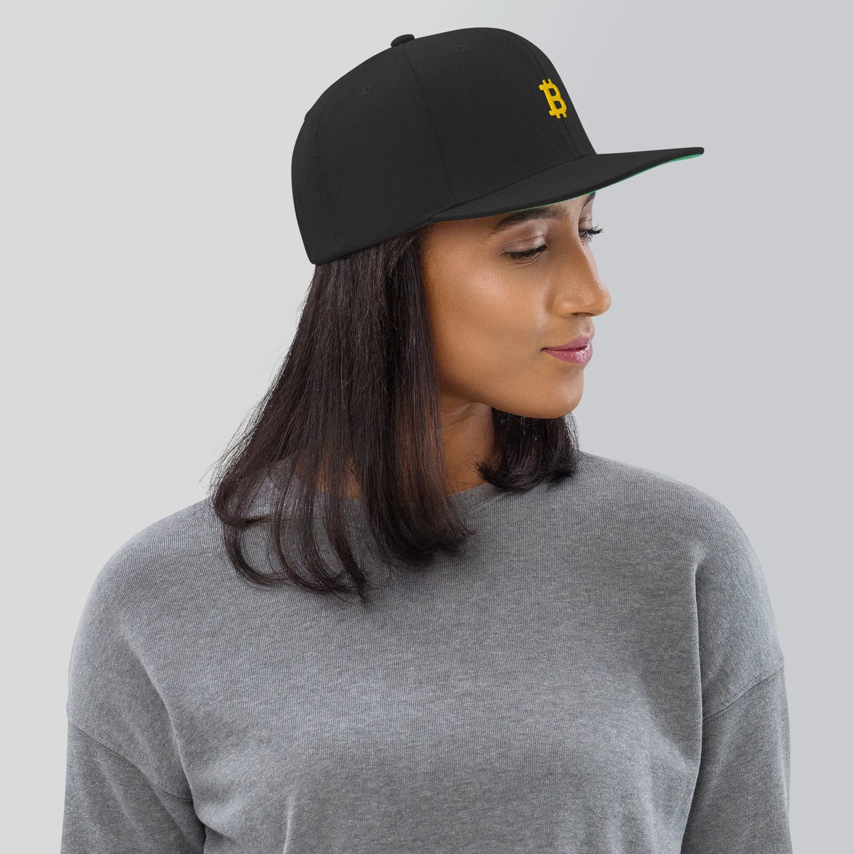 Bitcoin Snapback Cap in black, side view