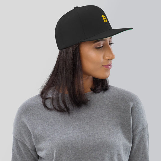 Bitcoin Snapback Cap in black, side view