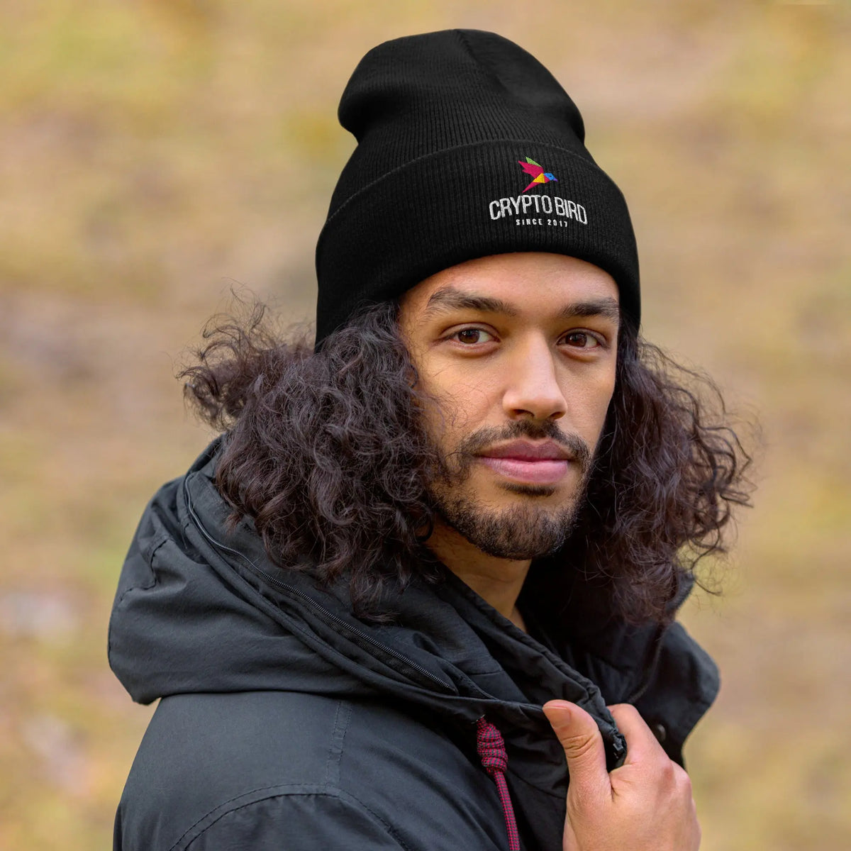 Crypto Bird Beanie in black, front view