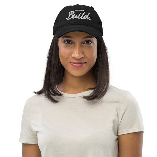 a formidable Build dad cap - black distressed dad cap, front view