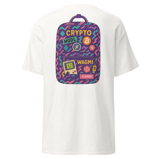 Crypto Backpack Shirt - white classic tee, back view