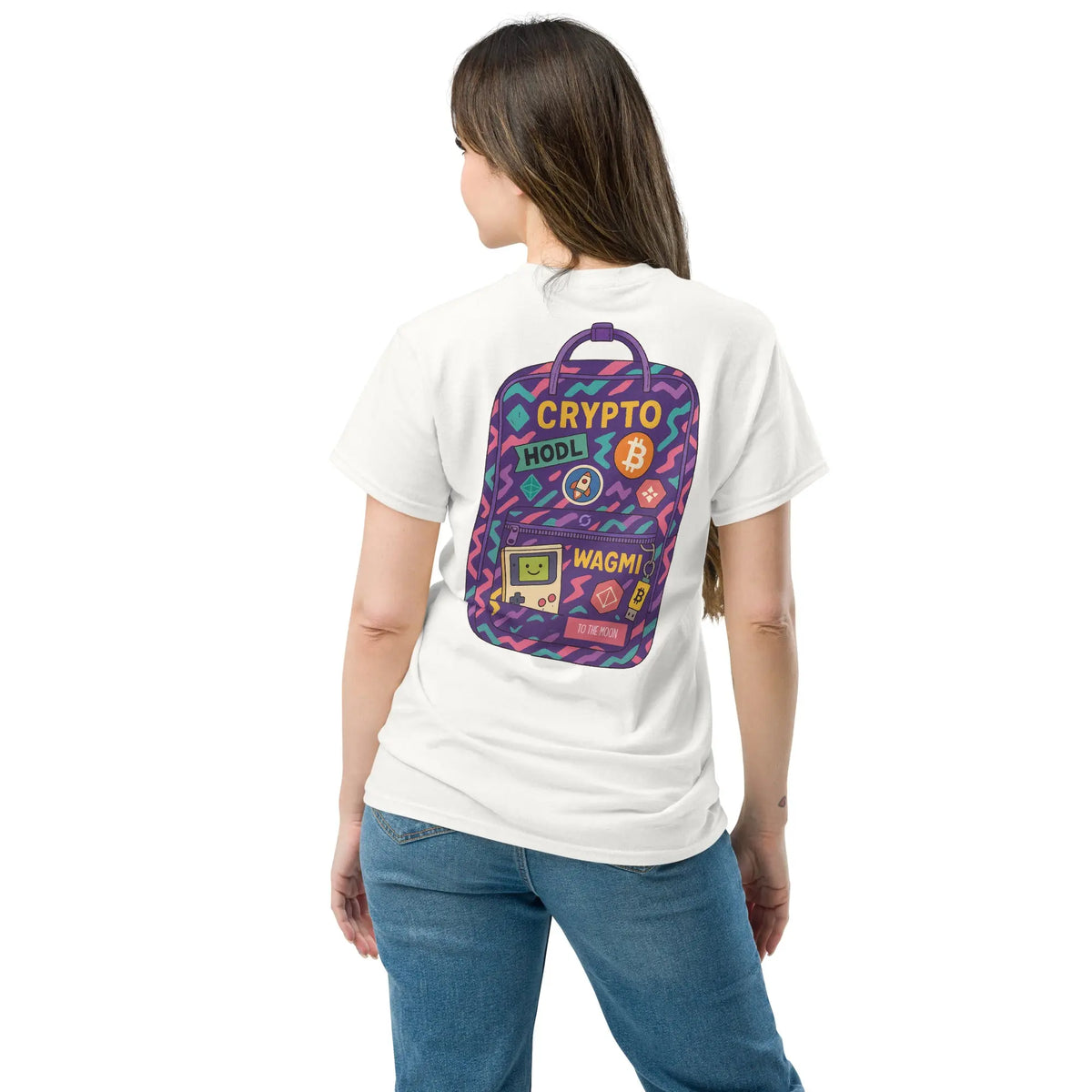 Crypto Backpack Shirt - white classic tee, back view (2)