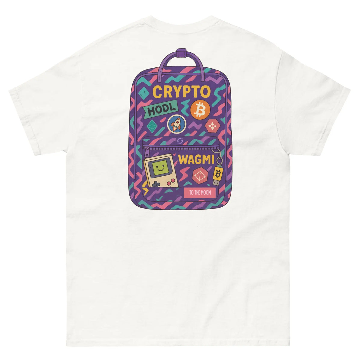 Crypto Backpack Shirt - white classic tee, back view (3)