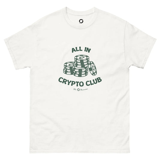 All in Crypto Club Shirt - white classic tee, front view