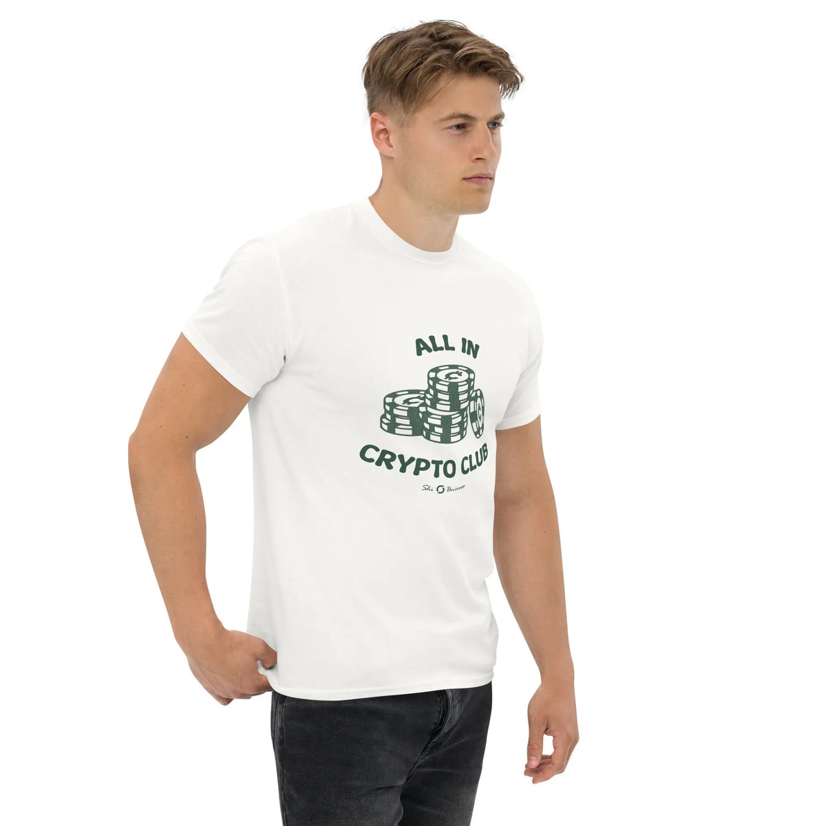 All in Crypto Club Shirt - white classic tee, worn, angled from the right