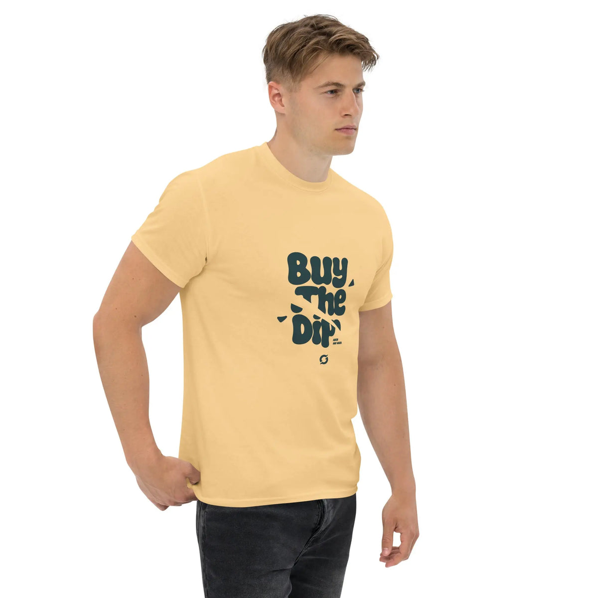 Buy The Dip Shirt - Yellow Haze - yellow haze classic tee, worn, angled from the right