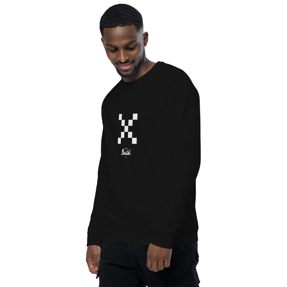 Focus Builder Sweatshirt - black raglan sweatshirt, worn, angled from the left