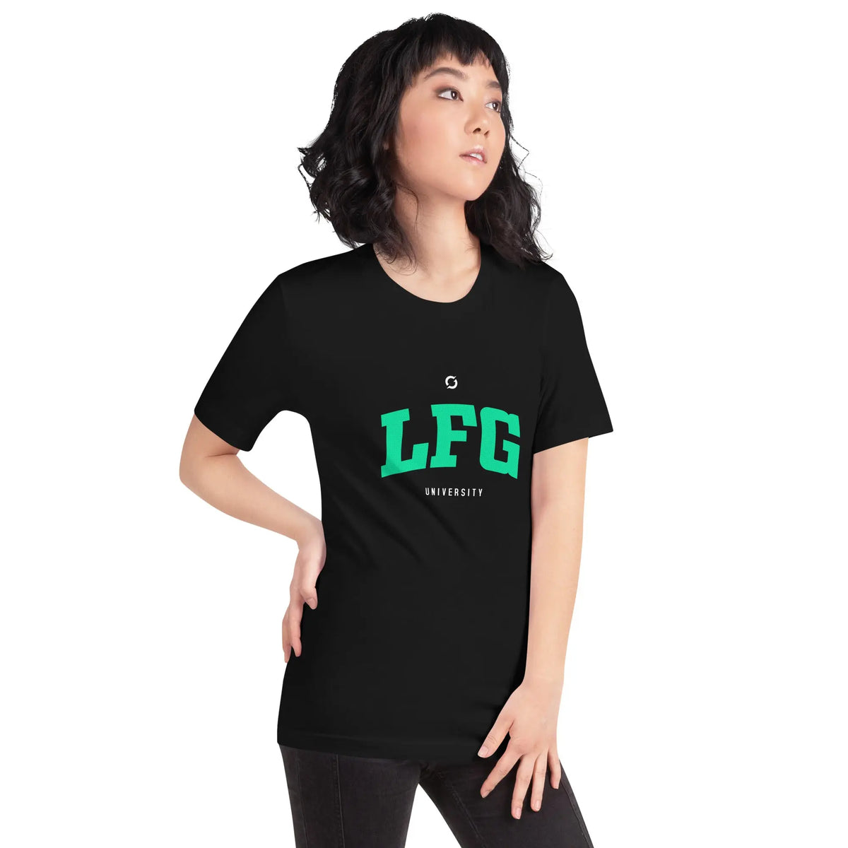 LFG Green Print Shirt - black staple tee, worn, angled from the right