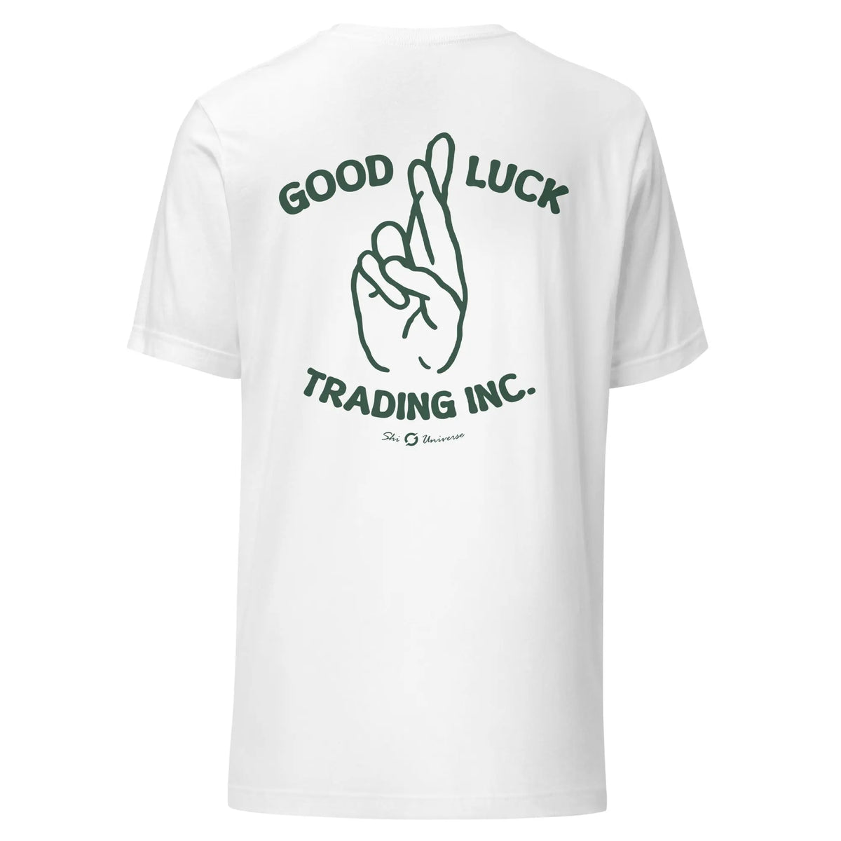 Good Luck Trading Shirt - white staple tee, back view