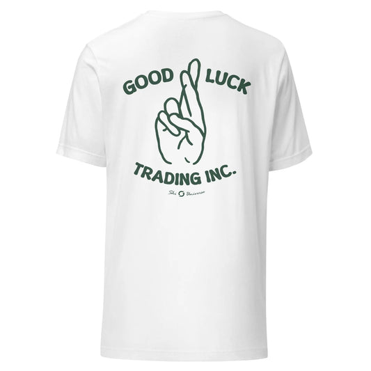 Good Luck Trading Shirt - white staple tee, back view