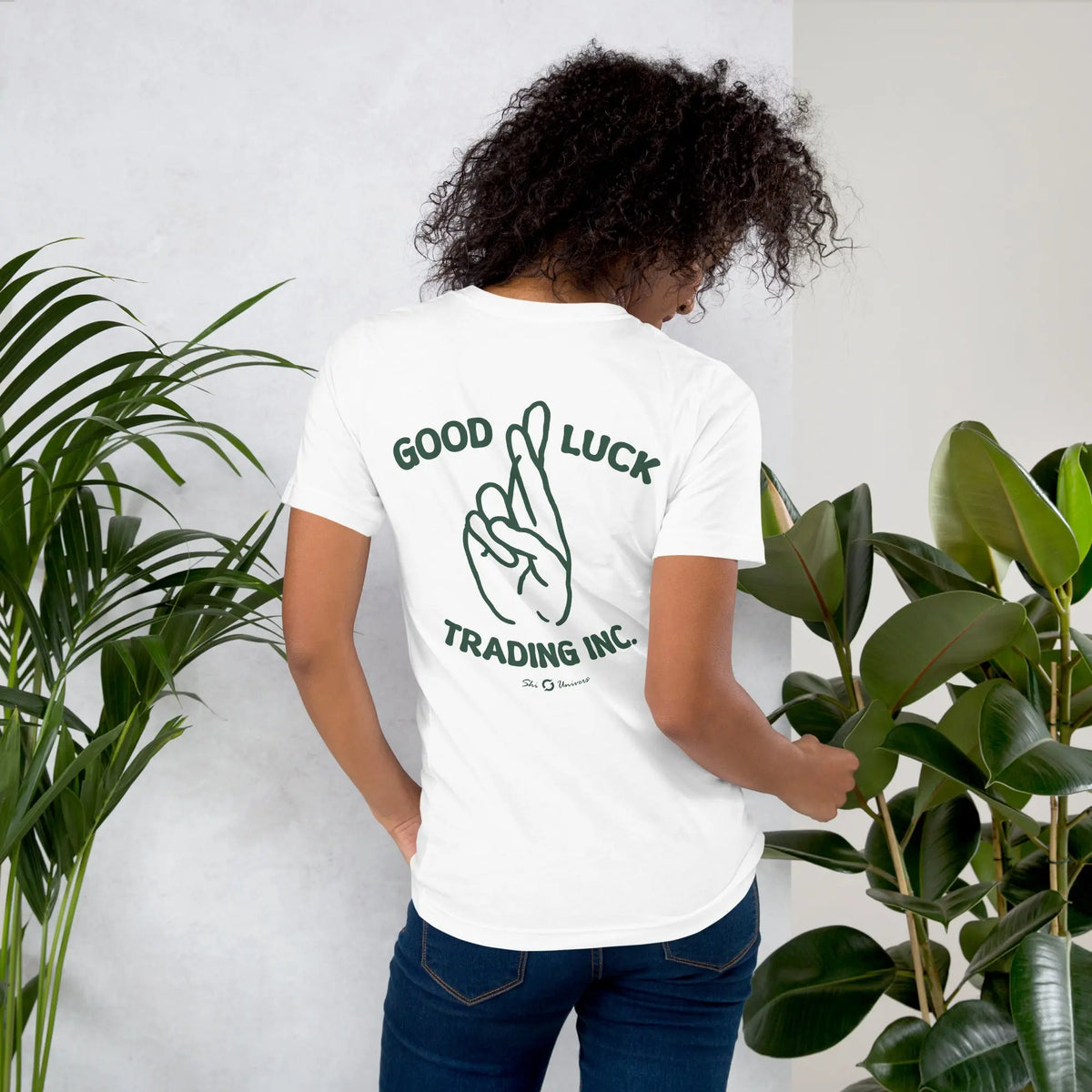 Good Luck Trading Shirt - white staple tee, back view (2)
