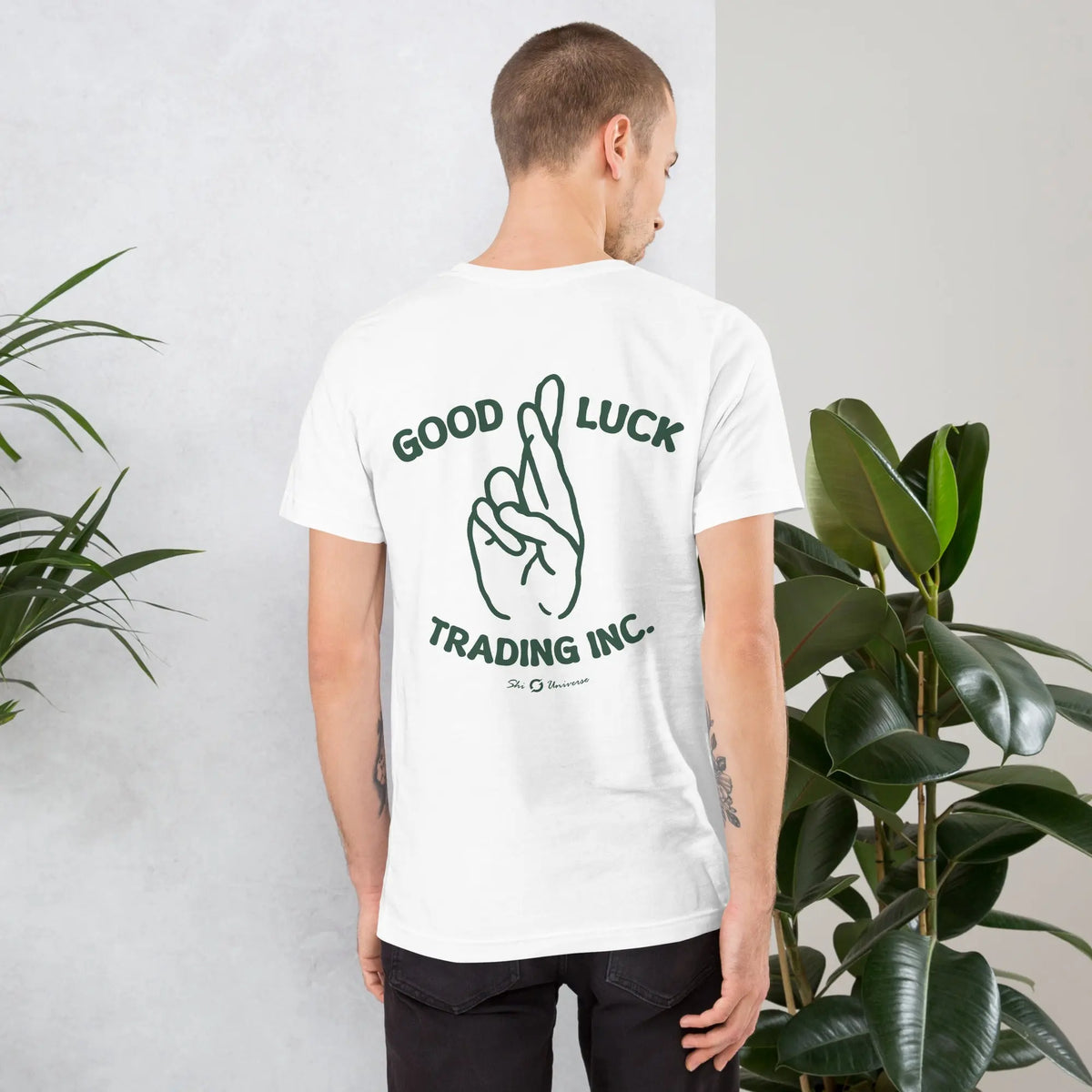 Good Luck Trading Shirt - white staple tee, back view (3)