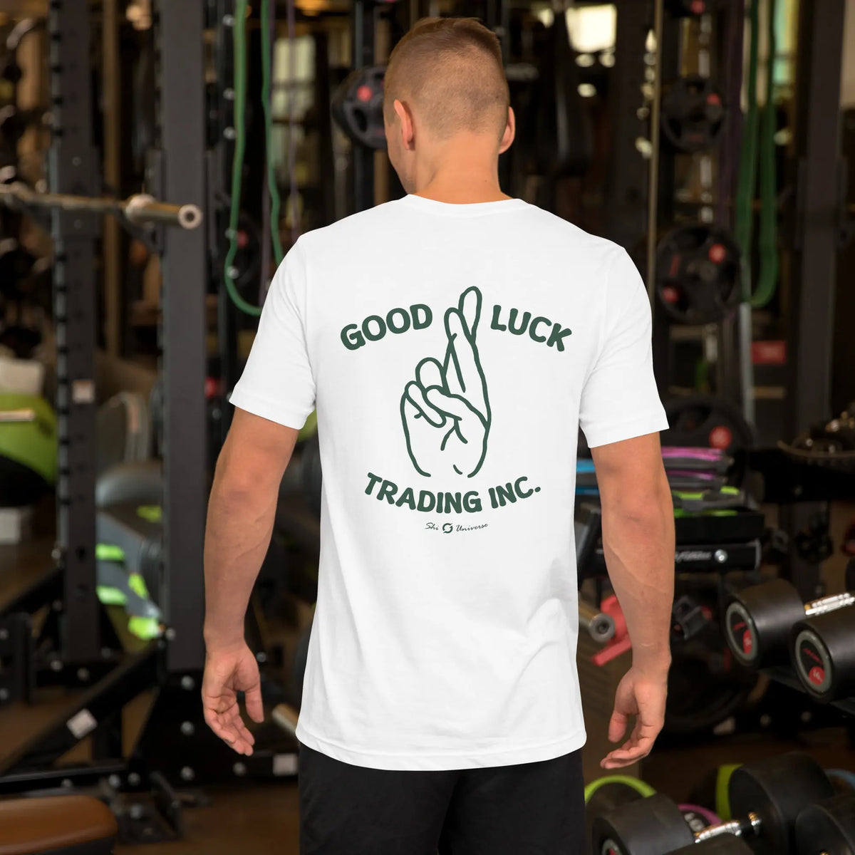 Good Luck Trading Shirt - white staple tee, back view (4)