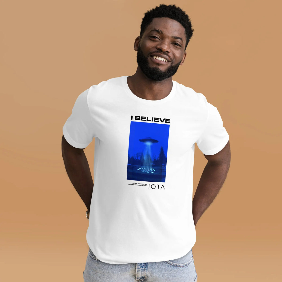 I believe in IOTA Shirt - white staple tee, front view (2)