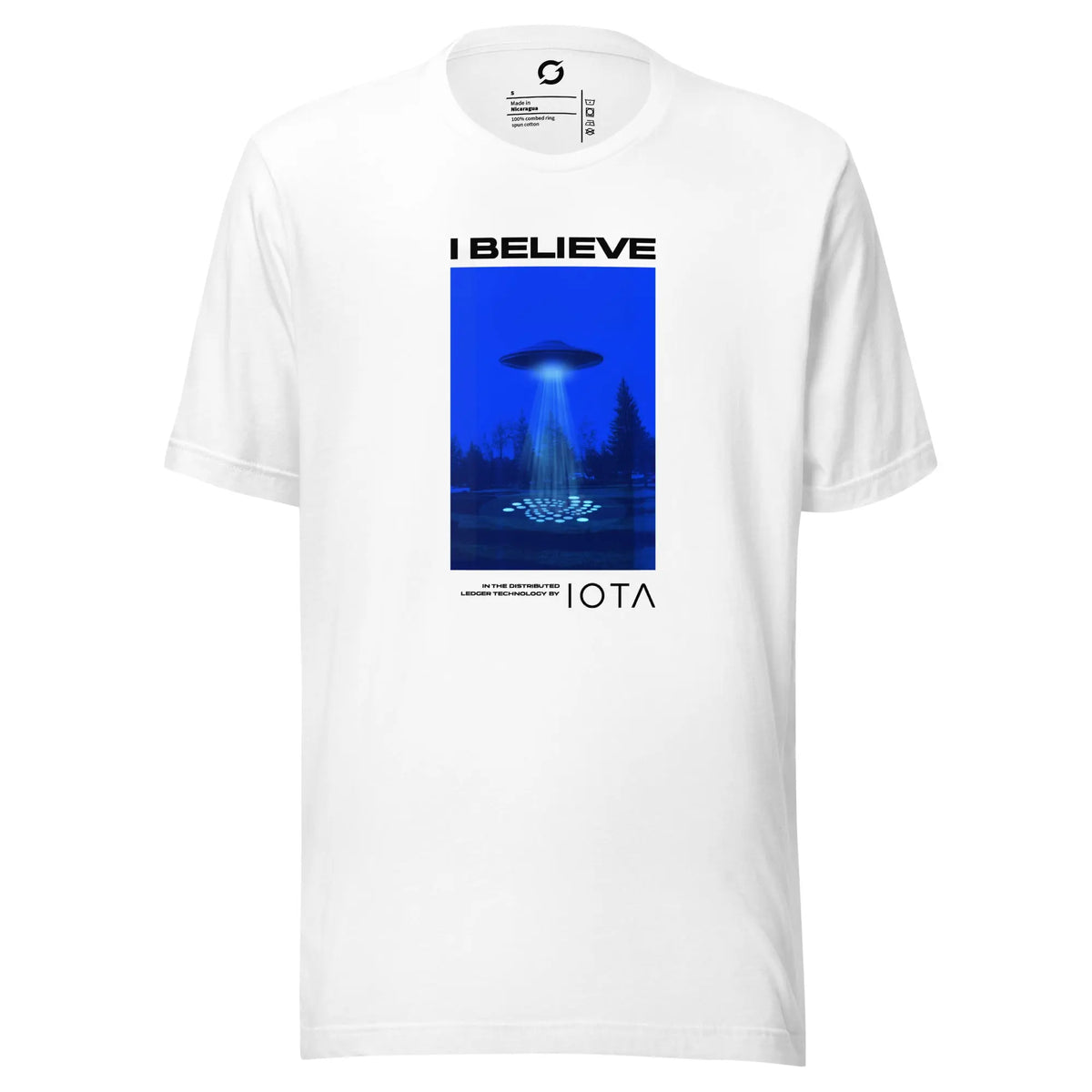 I believe in IOTA Shirt - white staple tee, front view (3)