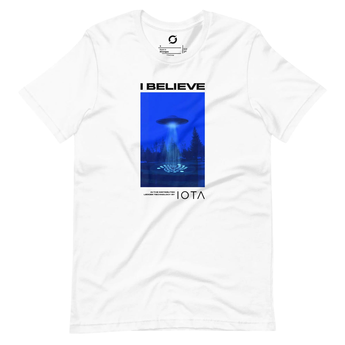 I believe in IOTA Shirt - white staple tee, front view