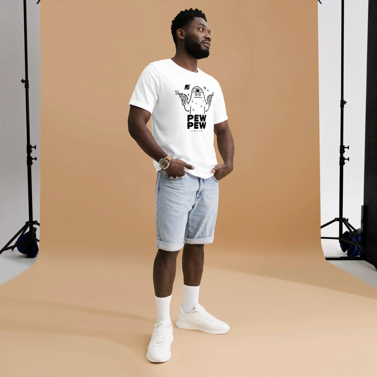 Pew Pew Shirt - white staple tee, front view (2)