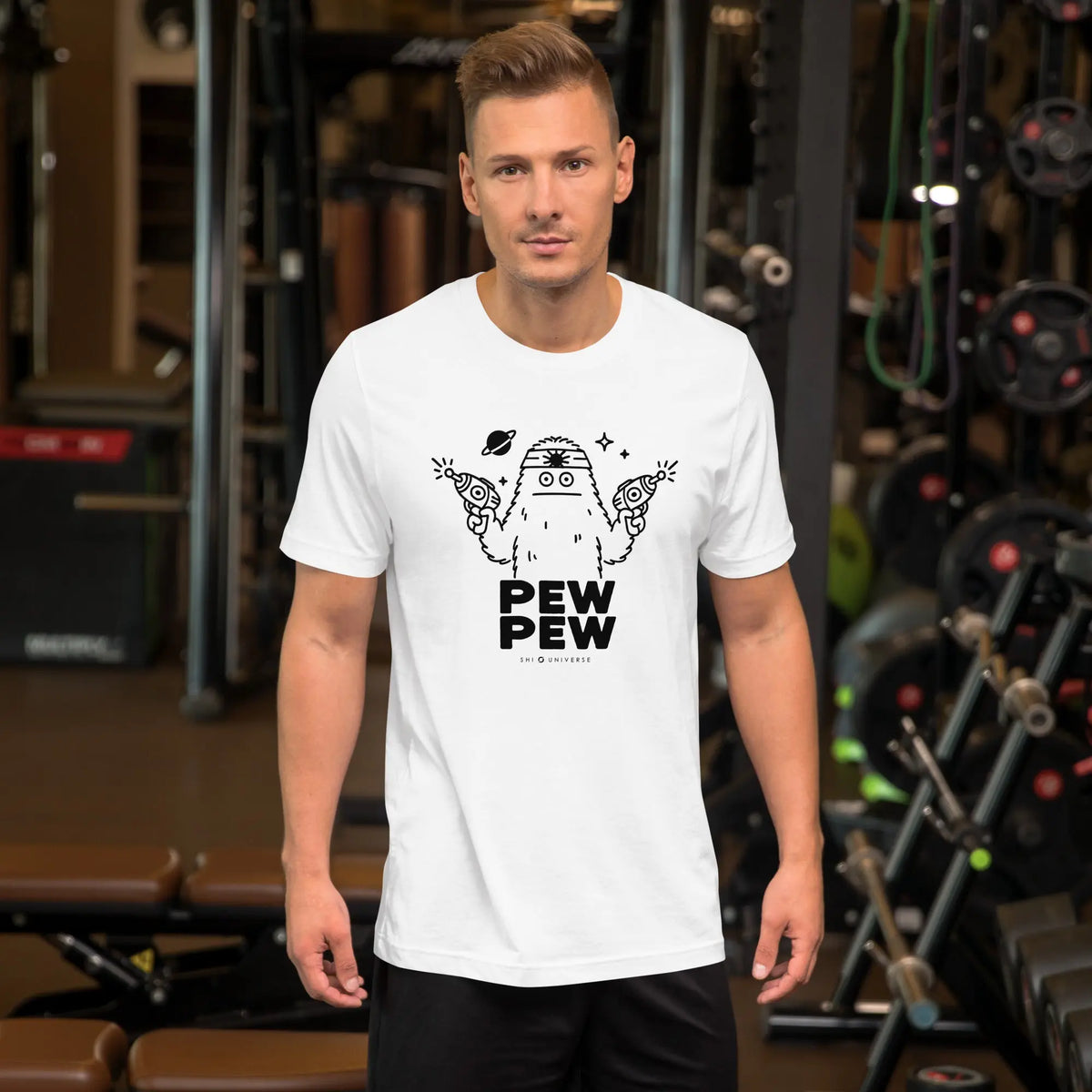 Pew Pew Shirt - white staple tee, front view (3)