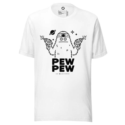 Pew Pew Shirt - white staple tee, front view