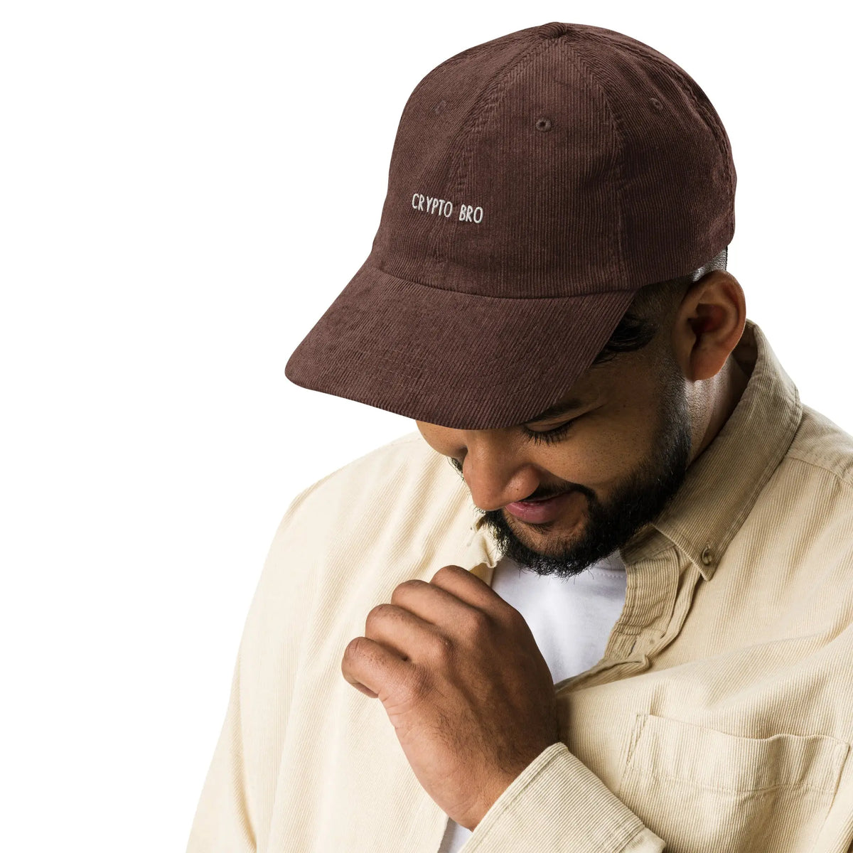 Crypto Bro Cap - brown corduroy cap, front view